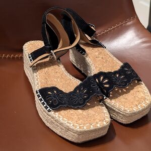 NEW Crown Vintage Fentisa Espadrille Floral Wedge Sandal Black/Beige Sizr 8.5